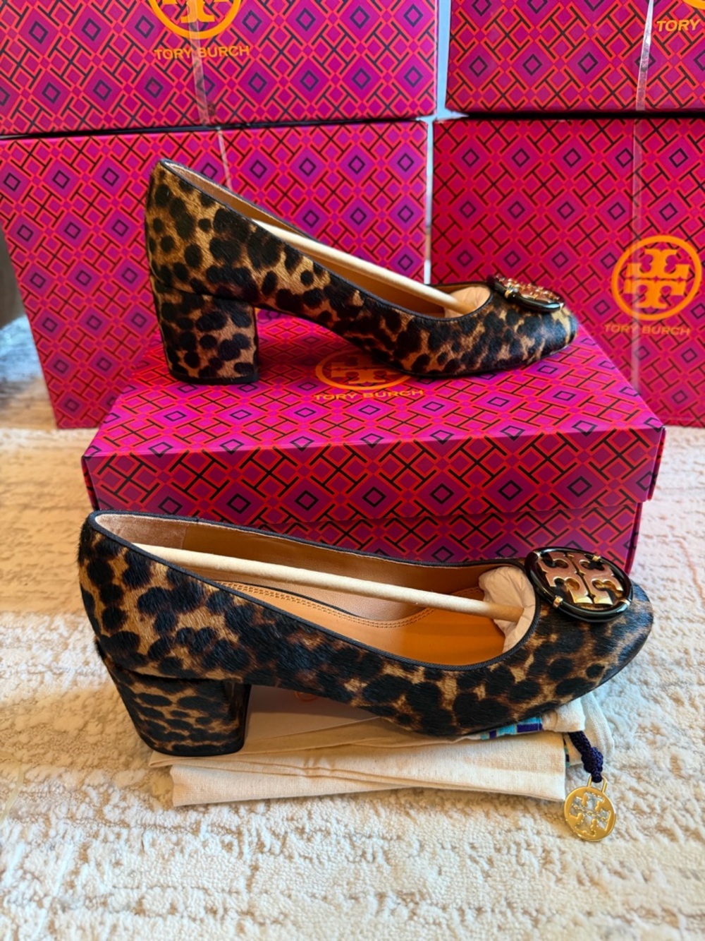 Tory Burch Leopard Print Block Heel Pumps - Brown/Black/Gold - Picture 9 of 10